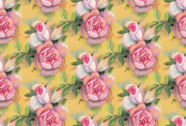 Pembe suluboya gül ile Seamless modeli. Resimde çizilmiş. 