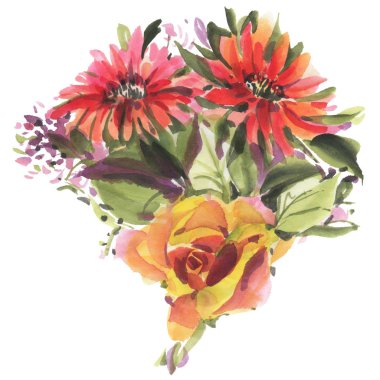 Beyaz arka planda izole edilmiş suluboya çiçekler. El çizimi illüstrasyon. 