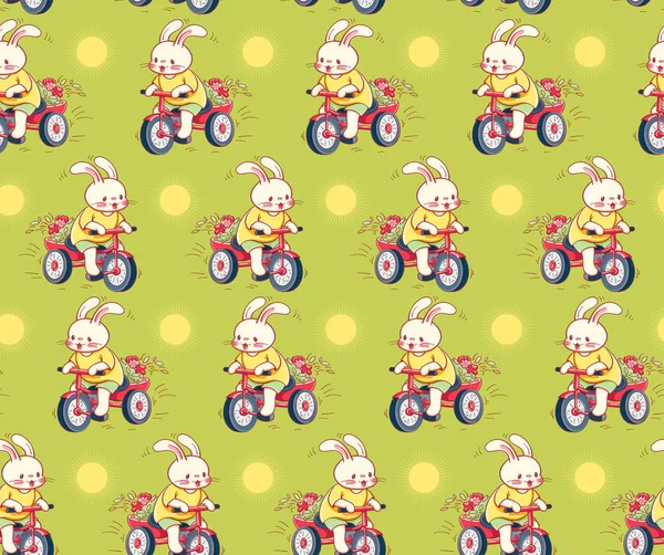 Seamless Pattern Funny Cartoon Bunnies Riding Bicycles Hand Drawn Illustration — Stock Vector