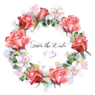 Beyaz arka plan üzerinde izole gül ve orkide suluboya çelenk. Elle çizilmiş illüstrasyon. 