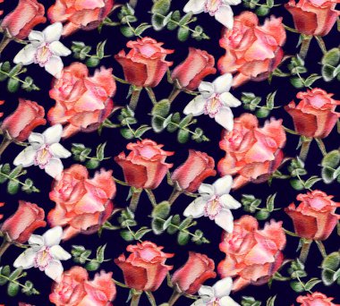 Suluboya güller ve orkide ile Dikişsiz desen. El çizimi. 