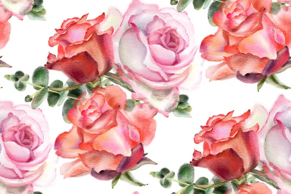 Patrón Sin Costuras Con Rosas Acuarela Ilustración Dibujada Mano — Foto de Stock