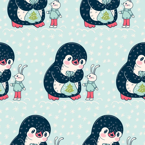 Patrón Sin Costuras Con Lindos Pingüinos Conejos Ilustración Hecha Mano — Archivo Imágenes Vectoriales