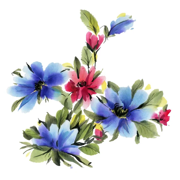 Μπλε Και Κόκκινα Λουλούδια Ακουαρέλα Απομονώθηκαν Λευκό Φόντο Εικόνα Που — Φωτογραφία Αρχείου
