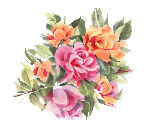 红色和黄色的水彩玫瑰在白色背景上隔离 手绘插图 — 图库照片