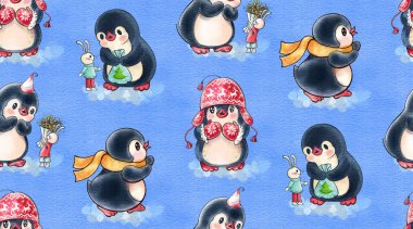 Sevimli penguenler ve Bunnies ile Dikişsiz desen. Elle çizilmiş illüstrasyon