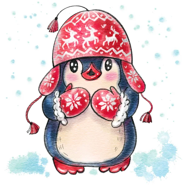 Ilustración Invierno Con Divertido Pingüino Dibujos Animados Sombrero Cálido Aislado — Foto de Stock