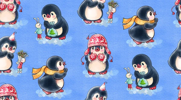 Bezproblemowy Wzór Cute Pingwiny Króliki Ilustracja Narysowana Ręcznie — Zdjęcie stockowe