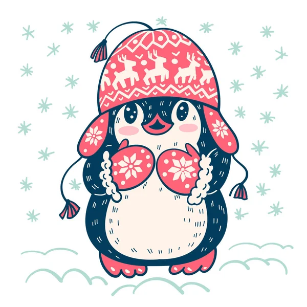 Ilustración Invierno Con Divertido Pingüino Dibujos Animados Sombrero Caliente Vector — Vector de stock