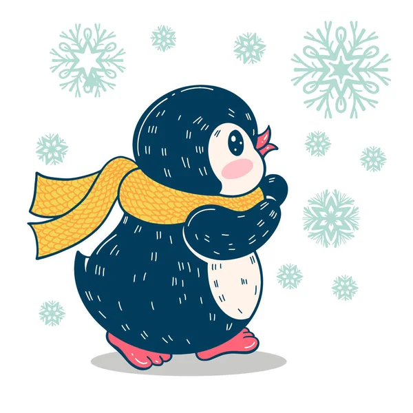 Winter Illustration Funny Cartoon Penguin Snowflakes Vector — Stock vektor