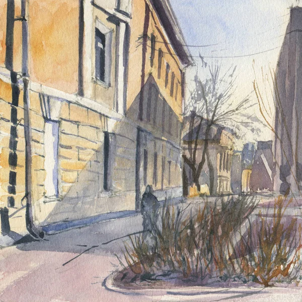 Urban Sketch Street City Centre Watercolor Illustration — Stock Photo, Image