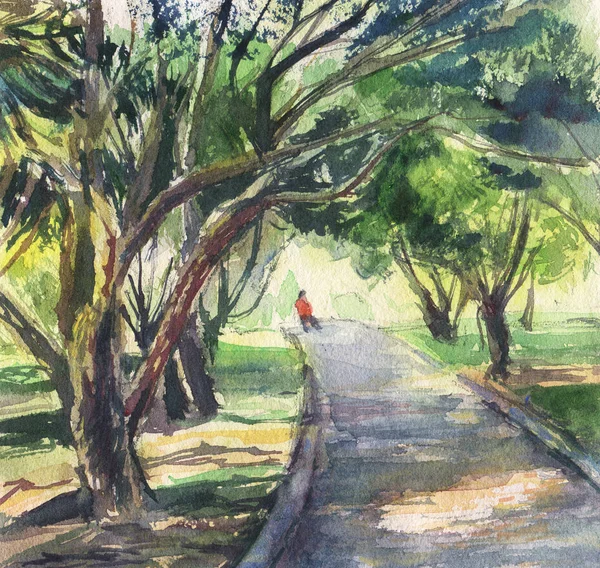 Paisagem Verão Parque Cidade Aquarela Ilustração Desenhada Mão — Fotografia de Stock