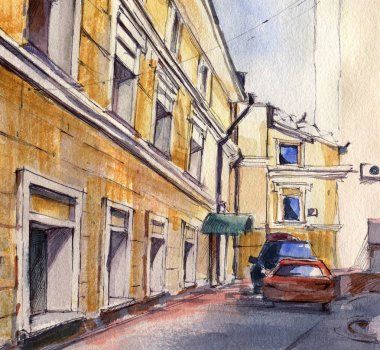 Şehir manzarası. Mürekkep ve suluboya. El çizimi illüstrasyon.