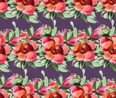 Kırmızı suluboya çiçeklerle kusursuz desen. El çizimi illüstrasyon. 