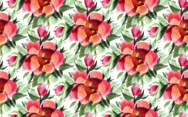 Kırmızı suluboya çiçeklerle kusursuz desen. El çizimi illüstrasyon. 