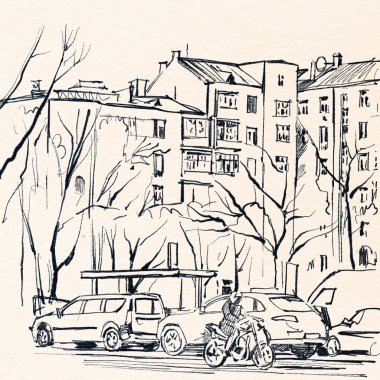 Kentsel peyzaj. Mürekkeple çizim. Elle çizilmiş illüstrasyon.