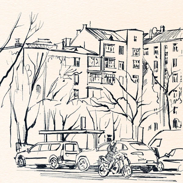 Urban landscape. Sketch in ink. Hand-drawn illustration.