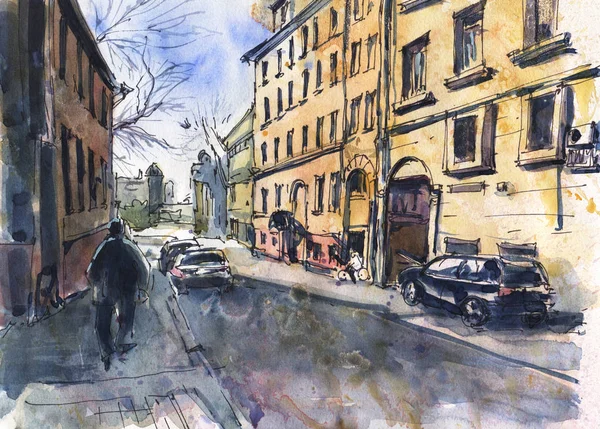 City Landscape Sketch Ink Watercolor Hand Drawn Illustration — Stock Photo, Image