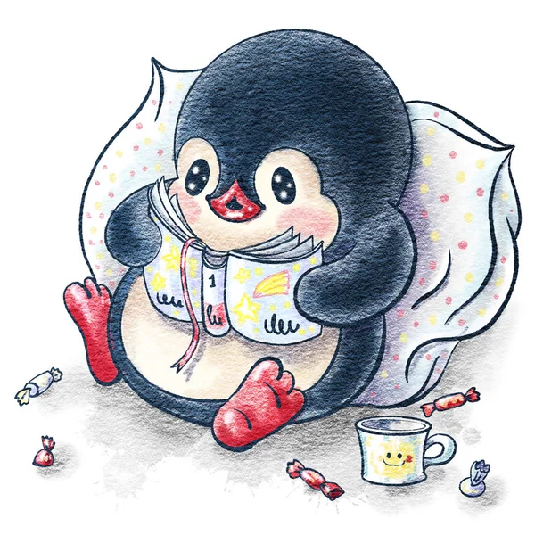 冬季插图与有趣的卡通企鹅与一本书隔离的白色背景 水彩画和水墨画 — 图库照片