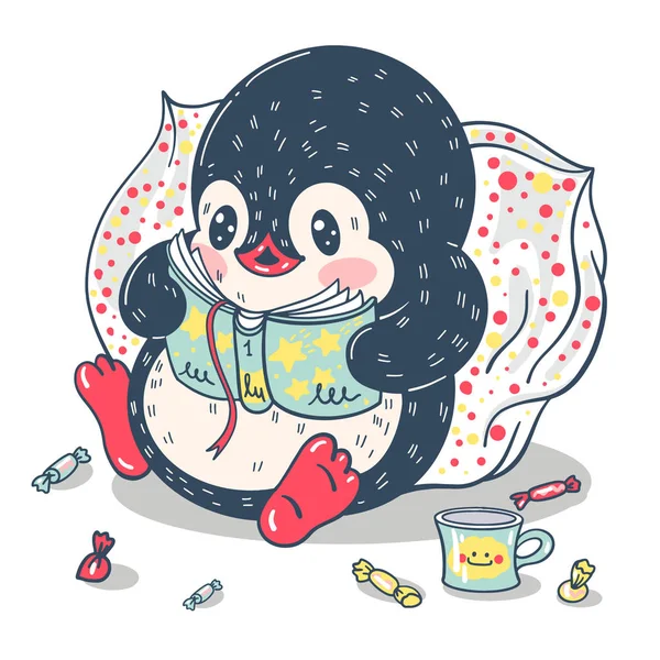 Winter Illustratie Met Grappige Cartoon Pinguïn Met Een Boek Vector — Stockvector