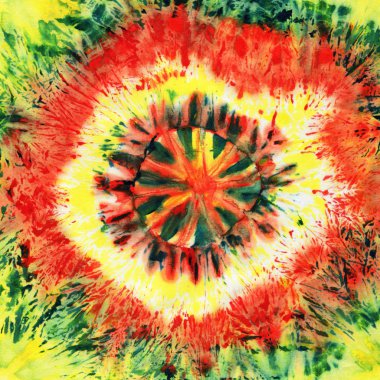 Beyaz ipek üzerinde kırmızı ve yeşil renk Tie-boya deseni. El boyama kumaşlar - nodüler batik. Shibori boyama. 