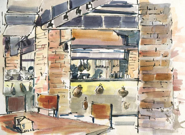 City sketches. The interior of the cafe. Ink and watercolor drawing