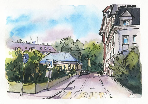 City landscape.  Sketch ink and watercolor. Hand-drawn illustration.