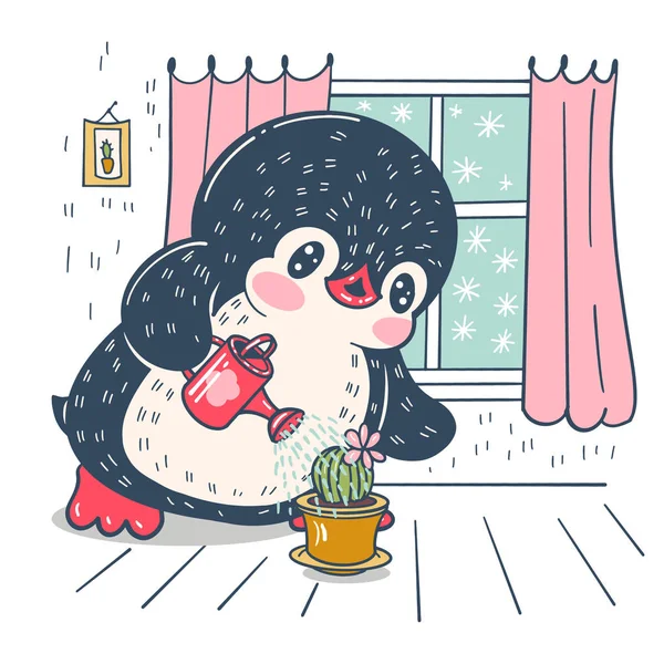 Illustration Hivernale Avec Drôle Pingouin Dessin Animé Arrosant Cactus Vecteur — Image vectorielle