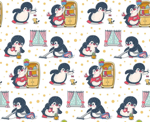Bezproblemowy Wzór Cute Pingwiny Sprzątanie Domu Ilustracja Narysowana Ręcznie Wektor — Wektor stockowy