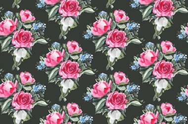 Dikişsiz desen siyah arka plan üzerine suluboya çiçekli. Resimde çizilmiş. 