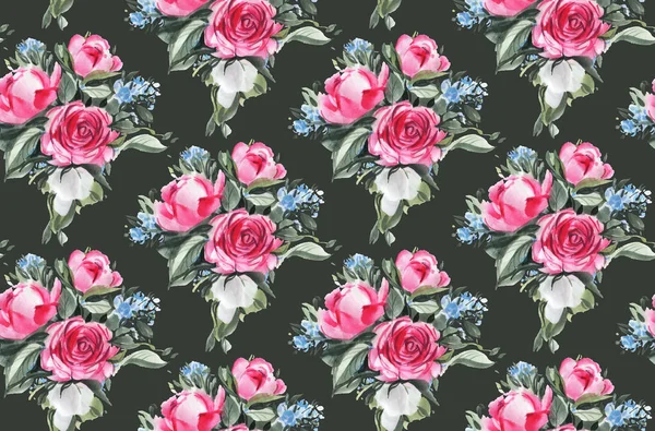 Seamless Pattern Watercolor Flowers Black Background Hand Drawn Illustration — Stock Photo, Image