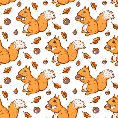 Bir Sincaplar ve fındık ile sonbahar Dikişsiz desen. Vektör Illustration.