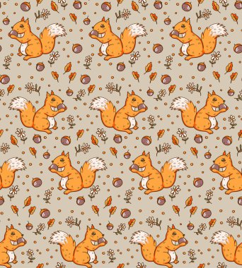 Bir Sincaplar ve fındık ile sonbahar Dikişsiz desen. Vektör Illustration.