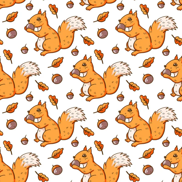 Bir Sincaplar ve fındık ile sonbahar Dikişsiz desen. Vektör Illustration.