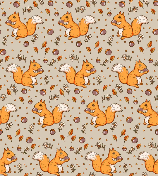 Bir Sincaplar ve fındık ile sonbahar Dikişsiz desen. Vektör Illustration.