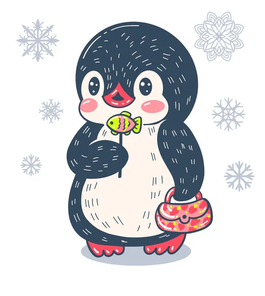 Zimní Ilustrace Vtipný Kreslený Tučňák Lízátkem Kabelkou Vektor — Stockový vektor