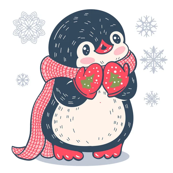 スカーフやミトンで面白い漫画ペンギンと冬のイラスト ベクトル — ストックベクタ