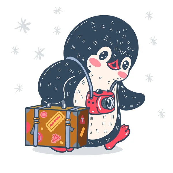 冬のイラスト スーツケースとカメラを持つ面白い漫画のペンギン ベクトル — ストックベクタ