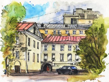 Şehir manzarası. Mürekkep ve suluboya. El çizimi illüstrasyon.