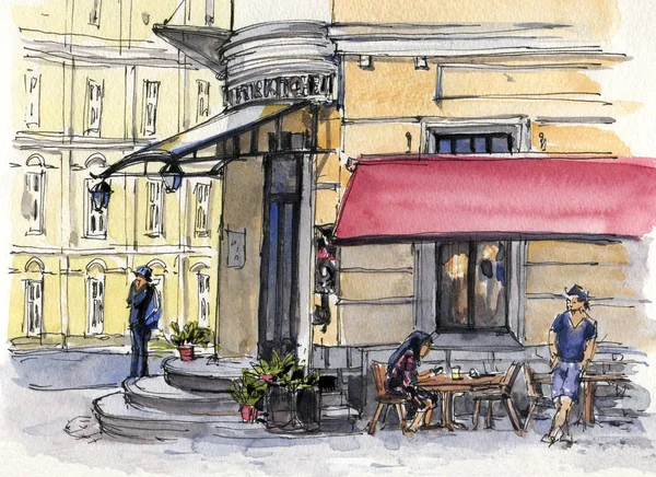 Miejski Szkic Ulicznej Kawiarni Tło Rysunek Akwarelą Tuszem — Zdjęcie stockowe