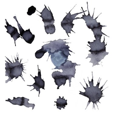 Siyah mürekkep lekeleri, beyaz bir arka plan üzerinde izole. Elle çizilmiş illüstrasyon. 