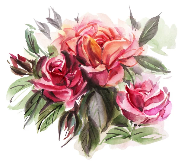 白い背景に赤い水彩のバラが孤立しています 手描きイラスト — ストック写真