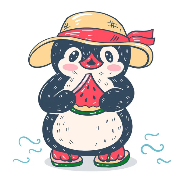 Ilustração Verão Com Pinguim Desenho Animado Engraçado Com Melancia Vetor — Vetor de Stock