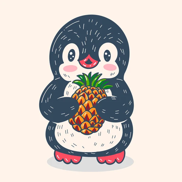 有趣的卡通企鹅与菠萝隔离的背景 矢量插图 — 图库矢量图片