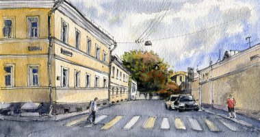 Şehir manzarası. Mürekkep ve suluboya. El çizimi illüstrasyon.