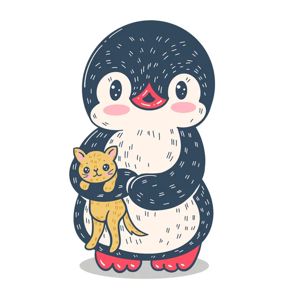 Illustrazione Vettoriale Divertente Pinguino Cartone Animato Con Piccolo Gattino Rosso — Vettoriale Stock
