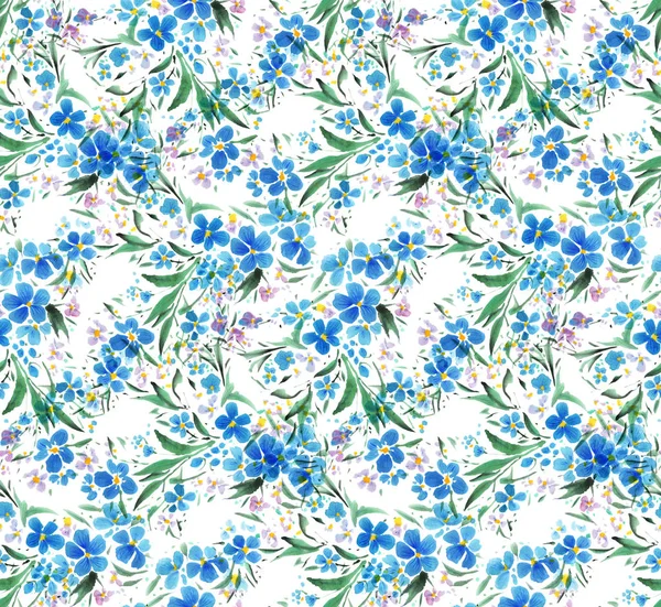 Απρόσκοπτη Μοτίβο Μπλε Λουλούδια Ακουαρέλα Χειροποίητη Απεικόνιση — Φωτογραφία Αρχείου