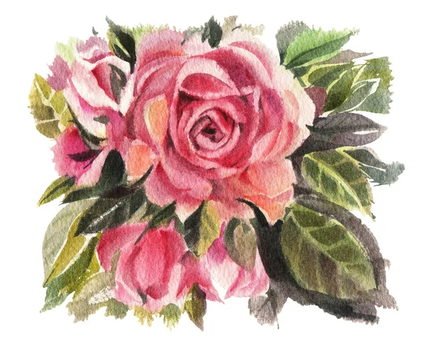 Rose Acquerello Rosso Isolato Uno Sfondo Bianco Illustrazione Disegnata Mano — Foto Stock