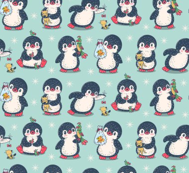 Dikişsiz desen. Evcil hayvan ile sevimli penguenler. El çizimi. Vektör.