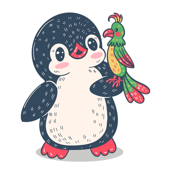 Ilustración Vectorial Divertido Pingüino Dibujos Animados Con Loro — Archivo Imágenes Vectoriales